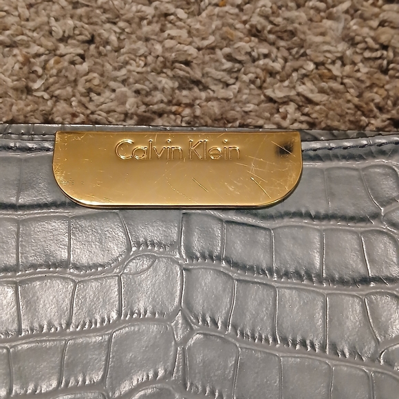 💙 Calvin Klein Croc Embossed Satchel Tote Blue Gray Leather Bag Large - Picture 5 of 16